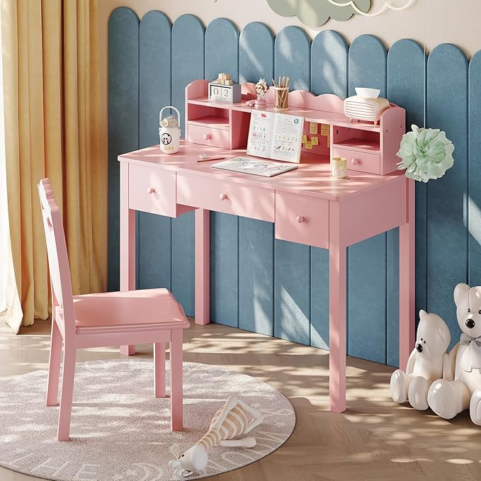Pink Writing Desk with Hutch &amp 5 Drawers - 40 Inch Modern Computer Workstation for Home Office Teen Desk Small Study Desk Ideal for Gift
