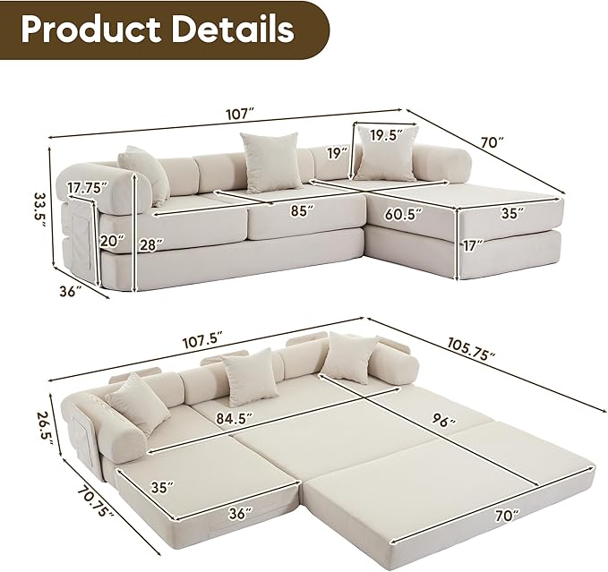 L Shaped Convertible Modular Sofa Bed with Cylindrical Pillow &amp Reversible Chaise Corduroy Folding Floor Sofa Couch Bed with Fixed-Shape Frame &amp Storage Pocket for Living Room Beige