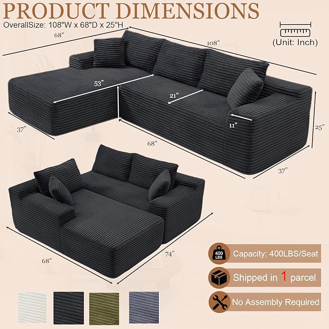108 Cloud Sectional Couch Modern Boneless Couch with L-Shape Chaise Deep Seat Modular Sectional Sofa Corduroy Corner Couches for Living RoomNo Assembly Required (Black Left Facing Chaise)