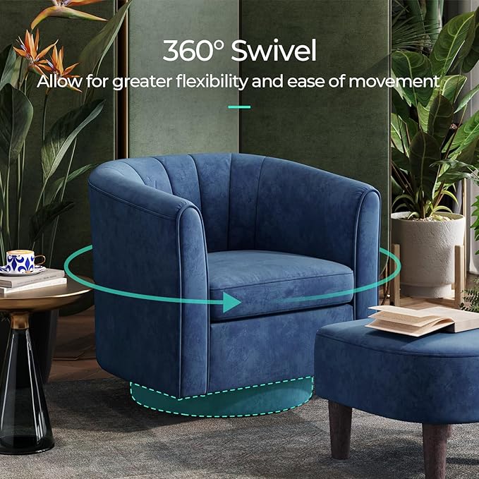 LINSY Swivel Accent Chair with Ottoman: Small Velvet Barrel Chair 360 Swivel Modern Armchair Upholstered Reading Chair with Footrest for Living Room Bedroom Study Room (Blue)