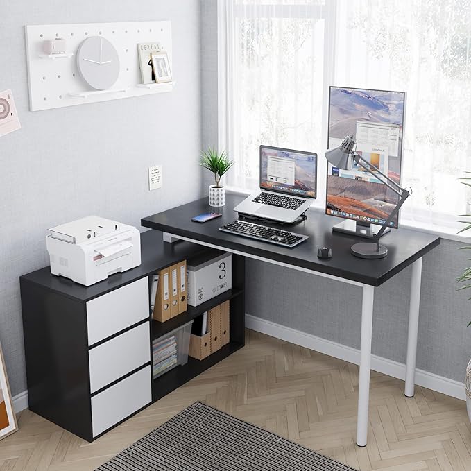 Home Office Computer Desk Corner Desk with 3 White Drawers and 2 Shelves 53-inch L-Shaped Study Desk with Storage Black + White