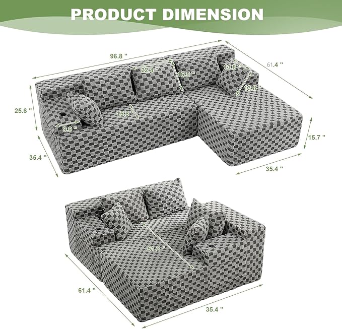 96.8 Boneless Couch Cloud Modular Sectional Sofa with L Shaped Chaise Modern Upholstered Deep Seat Boneless Couches Lounge with 5 Pillows for Living Room Bedroom(Gray Checked Right Facing Chaise)