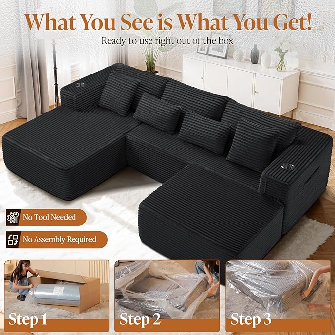 108 Cloud Modular Sectional Couch Modern Boneless Couches with Deep Seat U Shaped Sofa for Living Room No Assembly Required Plush Corduroy (Black 2 Seater+Left Facing Chaise+Ottoman)