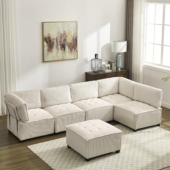 121 U Shaped Modular Sectional Sofa Couch 6 Seat Convertible Upholstered Deep Seat Sleeper Sofa with Chaise Lounge Cloud Couch for Living Room Beige White