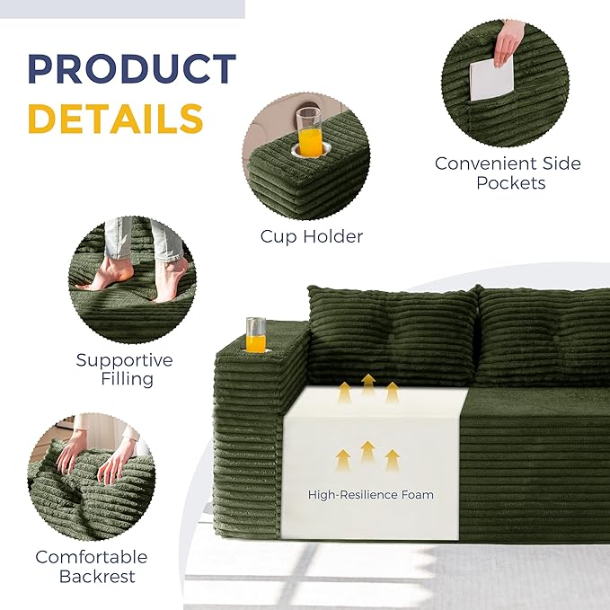 MAXYOYO Boneless Sofa Couch for Adults Upholstered Floor Sofa with Armrests Loveseat Couch with Cushion &amp Pillows Sofa in A Box Large Bean Bag Couch for Bedroom Living Room