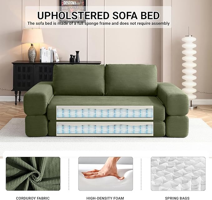 81 Inch Convertible Folding Sofa Bed Fold Out Couch Bed Corduroy Futon Couch with Back Pillows Boneless Sofa Comfy Lounge Floor Sleeper Mattress Loveseat for Living Room Bedroom Green