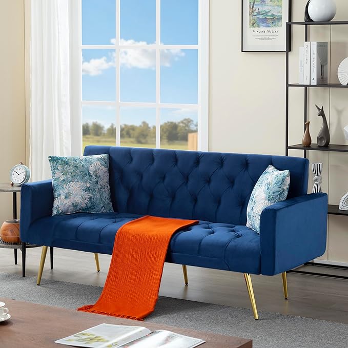 68.5” Futon Sofa Bed Convertible Futon Couch with Adjustable BackrestFolding Sofa Bed with 2 Pillows &amp Metal Legs Sleeper Loveseat with Armrest for Home Office (Bule)