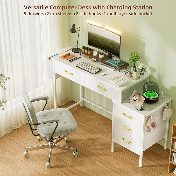 Computer Desk with Charging Station Home Office Desks with Printer Stand PC Table with 5 Fabric Drawers White Desk with Storage Vanity Desk for Small Space White