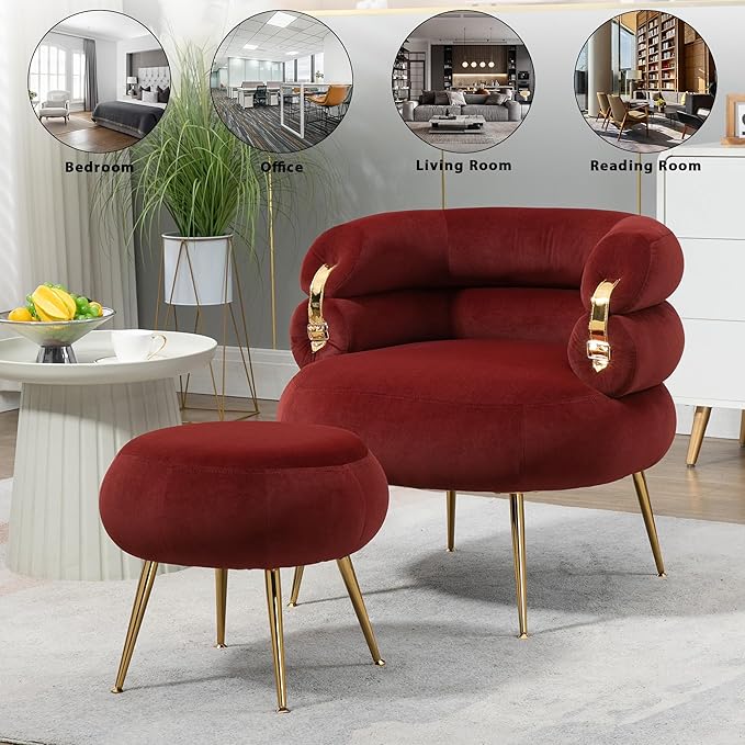 Velvet Accent Chair with OttomanModern Upholstered Armchair Tufted Chair with FootstoolSingle Sofa Chair with Metal Legsfor Living RoomApartmentBedroom (Wine Red-Chair and Ottoman)