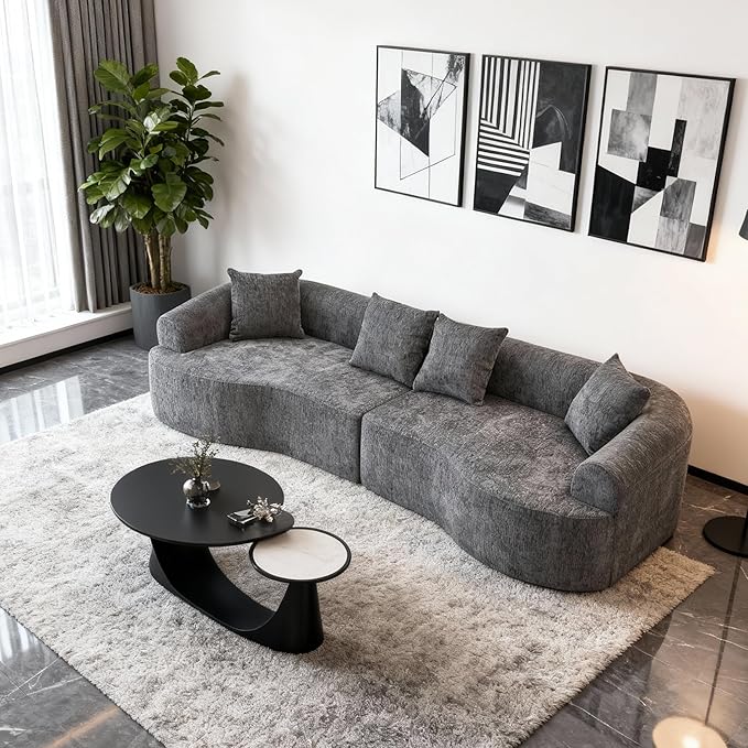 Curved Boneless Sofa Couches 4-Seat Tight Backrest Couch for Living Room Bedroom Boneless Cloud Sofa with 4 Pillows Floor Sofa in A Box No Assembly Required