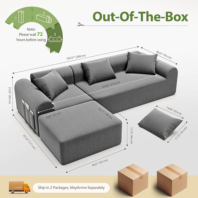 Decofy105.5 Modular Sofa Modern Boneless Sectional Sofa with Footstool No Assembly Required Extra-deep Chenille Fabric Seat L-Shaped Chaise Lounge Sofa Suitable for Living Room (Light Gray)