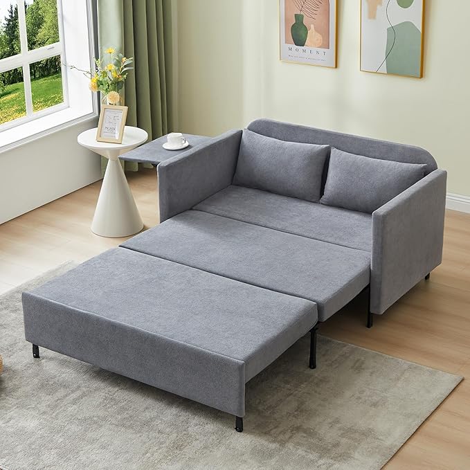 3-in-1 Sleeper Sofa Bed 51'' Convertible Folding Couch with Pullout Bed Chenille Futon Sleeper Sofa with Side Table and 2 Pillows Modern Loveseat Couch for Living Room Bedroom Home Office (Grey)