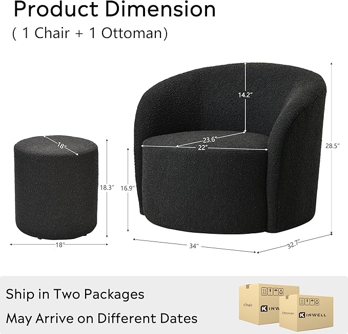 KINWELL 34 Boucle Swivel Barrel Chair with 18 Round Ottoman Set Fully Assembled Set of Sherpa Accent Chair and Footrest Modern Comfy Armchair and Footstool for Living Room and Bedroom Black