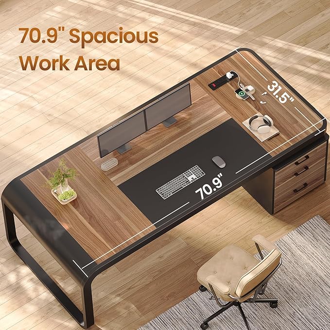 Itaar 70.9 Executive Desk Large Computer Desk with Drawers and Lateral File Cabinet Office Desk with Removable Shelves Business Furniture Desk Workstation for Home Office Walnut