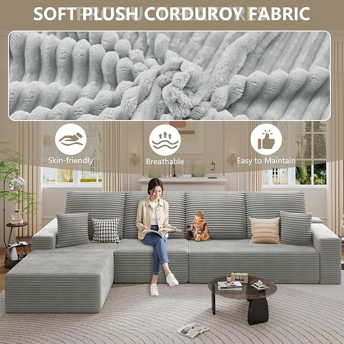 135 Modular Sectional Sofa Modern Corduroy L Shaped Cloud Couch with Chaise Lounge Boneless Upholstered Couches with Deep Seat for Living Room No Assembly Required (Grey Left Facing Chaise)