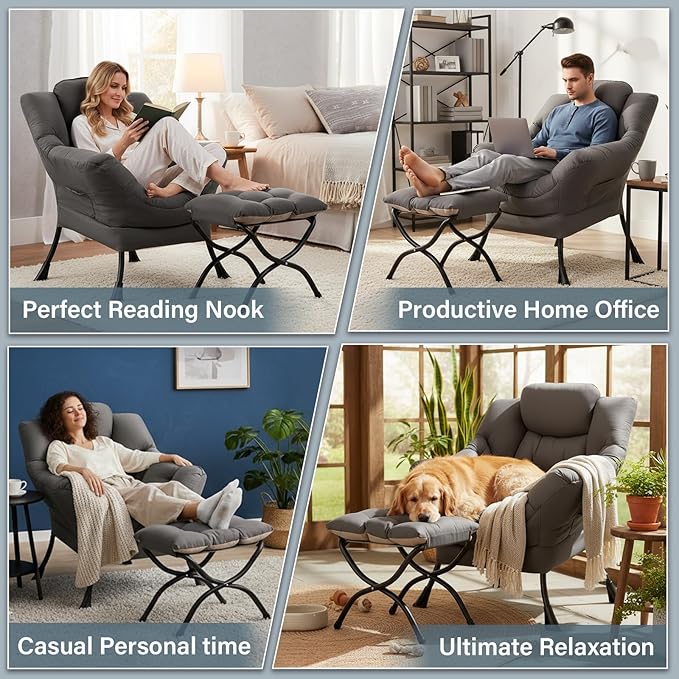 Lazy Chair with Ottoman Large Dark Grey Accent Chair with a Side Pocket Modern Leisure Upholstered Sofa Reading Armchair with Footrest for Office Bedroom Living Room Dorm Rooms Balcony