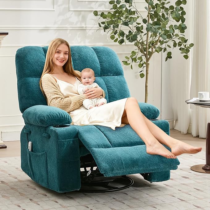 Oversized Recliner Chair for Adults Massage Recliner with Lumbar Heating Manual Swivel Rocker Sofa Side Pockets &amp Cup Holders for Big and Tall Persons Living Room