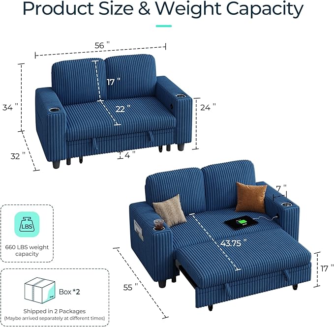 LINSY HOME Sectional Sleeper Sofa with Pull Out Couch Bed for Living Room (Blue) | Plush Corduroy Storage Ottoman Storage Chaise Pull Out Couch USB Charging