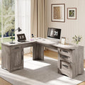 L Shaped Farmhouse Executive Desk with Drawers 67 Home Office Desks with Fast Charging Station Lockable File Cabinet Wood Writing Computer Desk for Work Study Grey