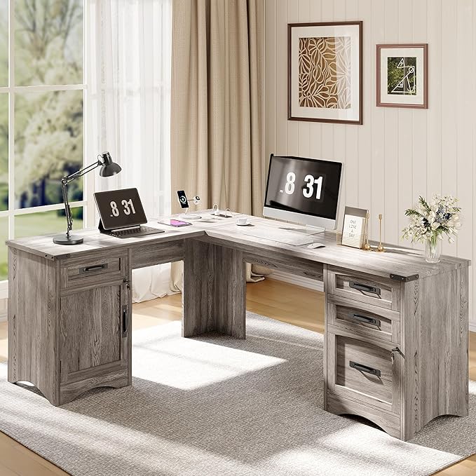 L Shaped Farmhouse Executive Desk with Drawers 67 Home Office Desks with Fast Charging Station Lockable File Cabinet Wood Writing Computer Desk for Work Study Grey
