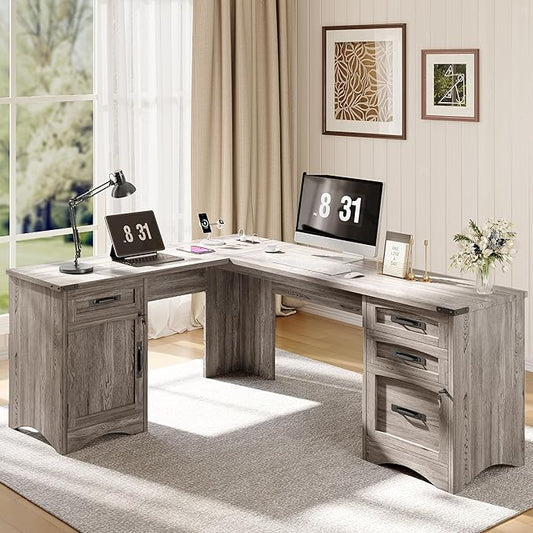 L Shaped Farmhouse Executive Desk with Drawers 67 Home Office Desks with Fast Charging Station Lockable File Cabinet Wood Writing Computer Desk for Work Study Grey