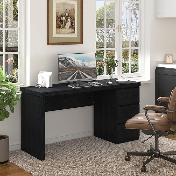 Desk with Drawers Black Computer Desk Table with 3 Drawer Large Space Writing Desk with Drawers for Home Office Modern Simple Design 53.3 Inch