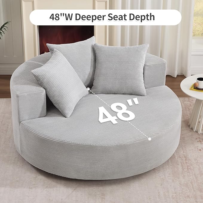 CANMOV Oversized Round Swivel Chaise Longue Chair Indoor Upholstered Corduroy Deep Seat Cloud Large Circle Sofa Chair Modern Single Cloud Sofa Bed for Living Room Bedroom Apartment Light Gray