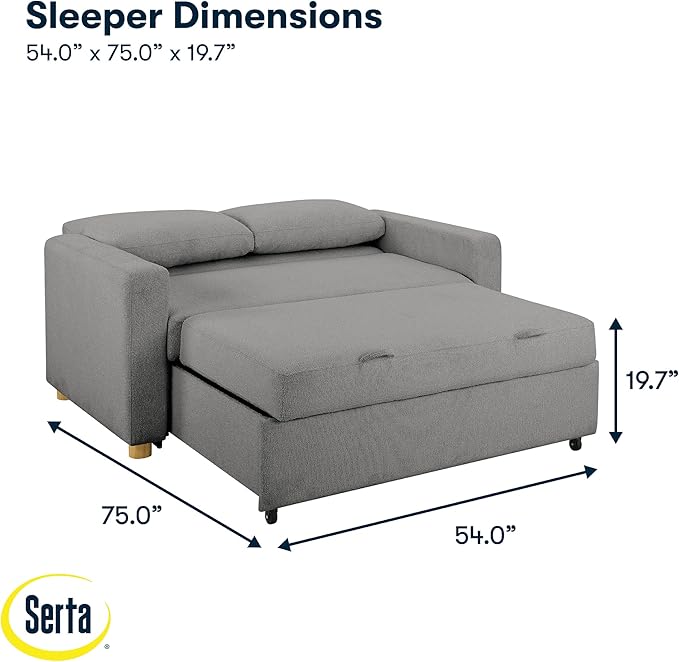 Serta Tulsa 66.1 Convertible Sleeper Loveseat Full Size Dreamcoil Comfort FingerGuard Pinch Point Protection Boucle Fabric Grey