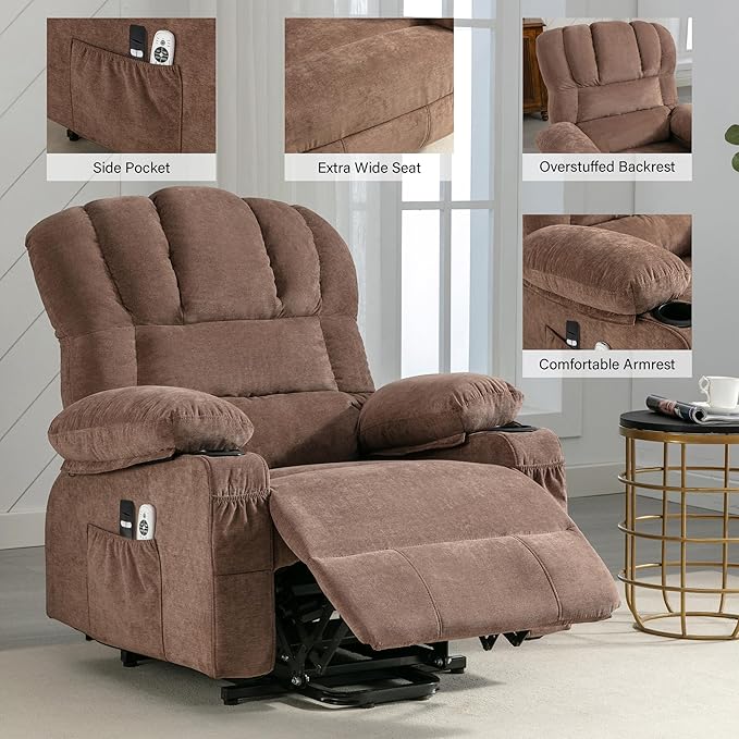 Power Lift Chaise LoungeModern Comfortable Massage Chair with HeatMulti Functional Reading Chair with Side Storage Pockets for for Living RoomBedroomStudyBrown.