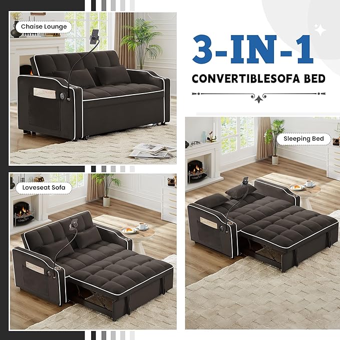 TTK 3-in-1 Convertible Velvet Sleeper Sofa Bed Pull-Out Loveseat with Adjustable Backrest USB Port &amp 2 Pillows Swivel Phone Stand &amp Storage Pockets Modern Futon Couch for Living Room (Brow