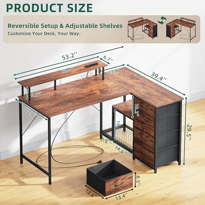 Somdot 53 L Shaped Desk with 4 DrawersHome Office Desks with Power OutletsGaming Desk with USB Charging Port and Host Stand Corner Desk with Storage Shelves for GamingWood Grain Print