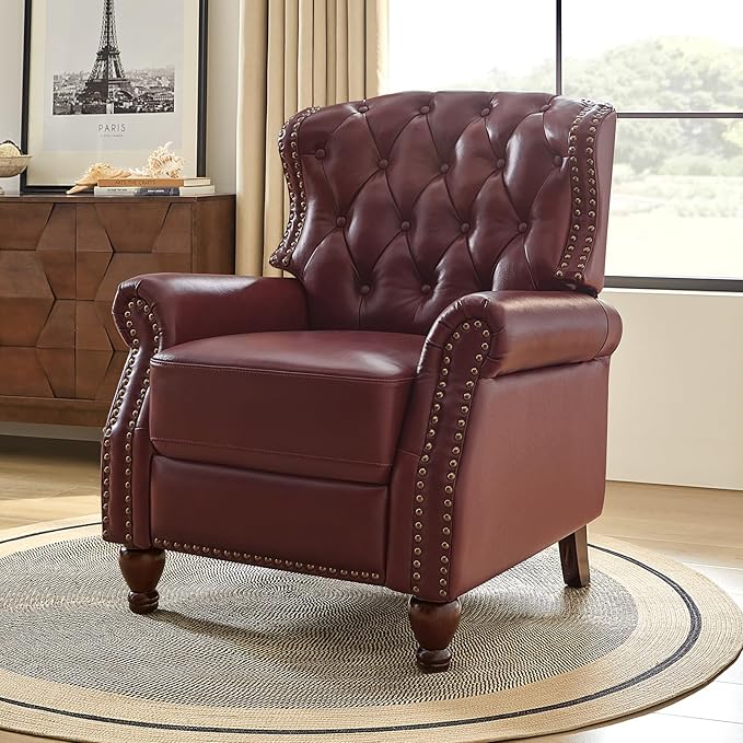 HULALA HOME Genuine Leather Recliner Chair with Solid Wood Feet Modern Adjustable Tufted Push Back Arm Chair w/Rivet Decoration Home Theater Seating Single Reclining Sofa for Living Room Burgundy