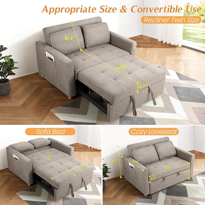 SEJOV 3 in 1 Folding Convertible Sofa Bed Futon Couches with Side Pocket Adjustable Backrest Linen Fabric Loveseat Sleeper Sofa for Living RoomBedroomApartment and Small SpaceBrown Grey