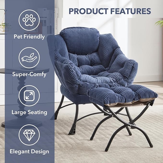 NIOIIKIT Leisure Lazy Chair with Ottoman Corduroy Upholstered Lounge Armchair with Side Pocket Comfy Reading Chair Lazy Sofa Chair for Living Room Bedroom Office (Navy Blue)