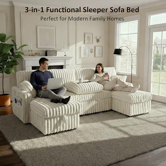 104 U Shaped Sleeper Sofa Bed Sectional Couches for Living Room Plush Corduroy Pull Out Couch Bed with Storage Modular Sectional Couch with Charging Station Cup Holder Side Pocket Beige