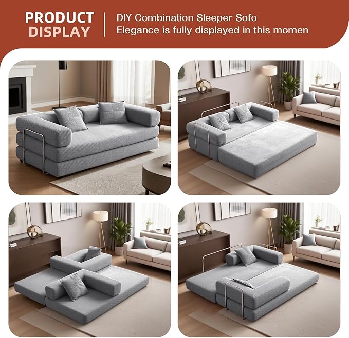 79 Convertible Sofa Bed with 2 Pillows Fixed-Shape Frame Removable Armrests Corduroy Boneless Futon Sofa Bed Modular Foldable Sleeper Couch for Living Room Bedroom Dorm（Beige Grey）