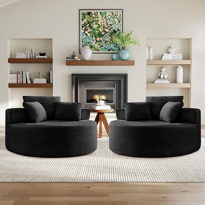 Modern Round Accent Sofa Chair for Living Room Upholstered Soft Terrycloth Barrel Lounge Arm Chair with Large seat&ampThrow Pillows for Bedroom Office Apartment Black