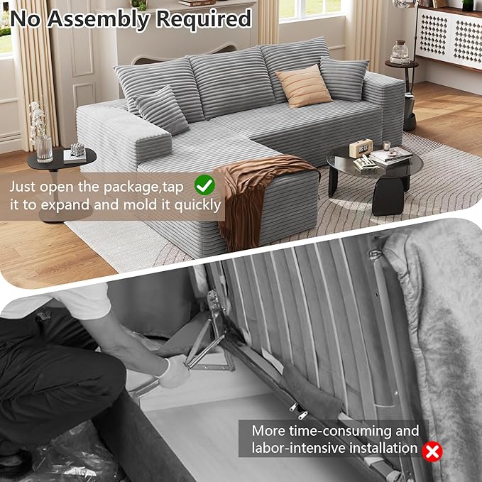 95 Cloud Sectional Couch with L-Shape Chaise Modern Corduroy Boneless Deep Seat Sofa 3-Seater Modular Sleeper Couch for Living Room BedroomApartmentNo Assembly (Light Grey Left-Facing Chaise)