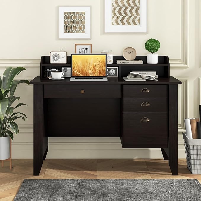Tangkula Computer Desk with 4 Storage Drawers &amp Hutch Home Office Desk Vintage Desk with Storage Shelves Wooden Executive Desk Writing Study Desk (Black)