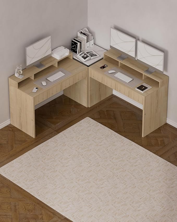 47 Executive Desk with Fluted Drawer Modern Wood Home Office Desk with Long Monitor Stand and 2 Drawers Computer Writing Desk for Study Office Vanity Light Oak