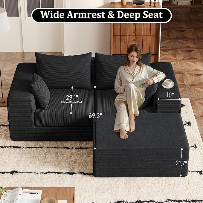Modern Small Boneless Couch Convertible Modular Sectional Sleeper Sofa Bed Corduroy Memory Foam Cozy Modular Cloud Couch L-Shaped Cloud Sofa for Living Room No Assembly Black