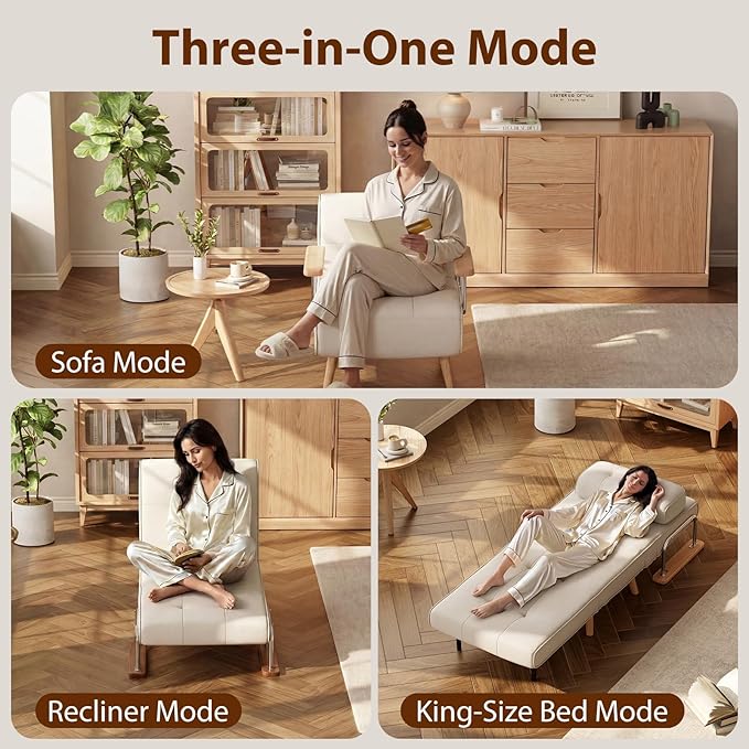 Folding Chair Bed convertible chair to bed3-in-1 Convertible Sleeper Chair Bed Futon Chair with 6-Level Adjustable Backrest for Guest Room Apartment Dormitory Home Office Cream Beige