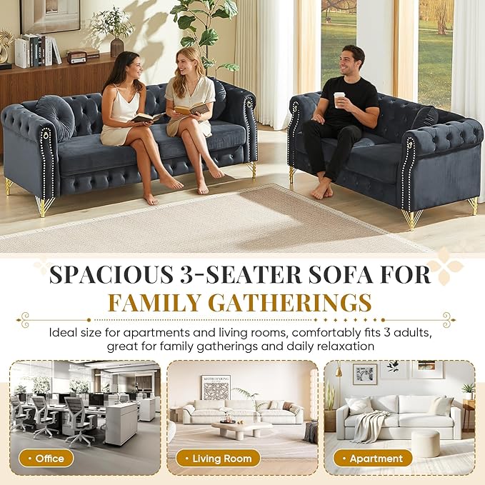 2 Pieces Chesterfield Sofa Set 2 &amp 3 Seater Comfy Tufted Velvet Couch with Rolled Arms &amp Pillows Mid Century Modern Couch and Loveseat Sets Retro Gold Couches Living Room Furniture (Black)