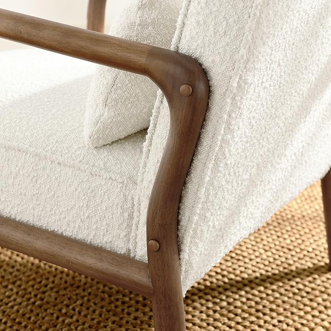 Modway Charlie Boucle Upholstered Wood Accent Armchair in Ivory – Mid-Century Modern Chair with Cushion – Cozy Reading Chair with Solid Wood Frame – Fabric Upholstered Armchair for Living Room