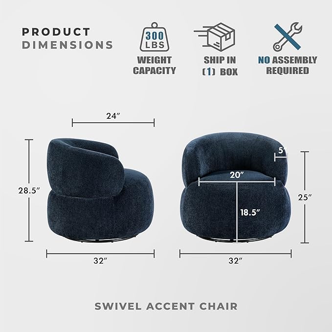 Lexicon Modern Barrel Swivel Accent Chair - Upholstered Soft Chenille Fabric with Metal Base 360 Degree Round Swivel Accent Chair for Living Room Bedroom Office No Assembly Required Blue