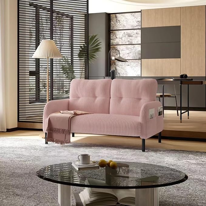 Pink Small Loveseat Couch for Small Spaces Corduroy Upholstered Love Seat Sofa with Side Storage Bags Comfy Mini Couch with Wooden Legs for Bedroom Living Room Apartment and Office (Pink)