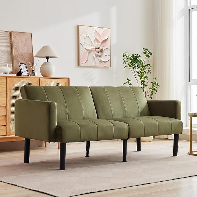 75.5” Convertible Futon Sofa Bed Linen Flannel Small Couch Sofa with Wood Legs &amp 700lbs Capacity Adjustable Folding Loveseat Mid Century Modern Futon Couch Cozy Couches for Living Room - Green