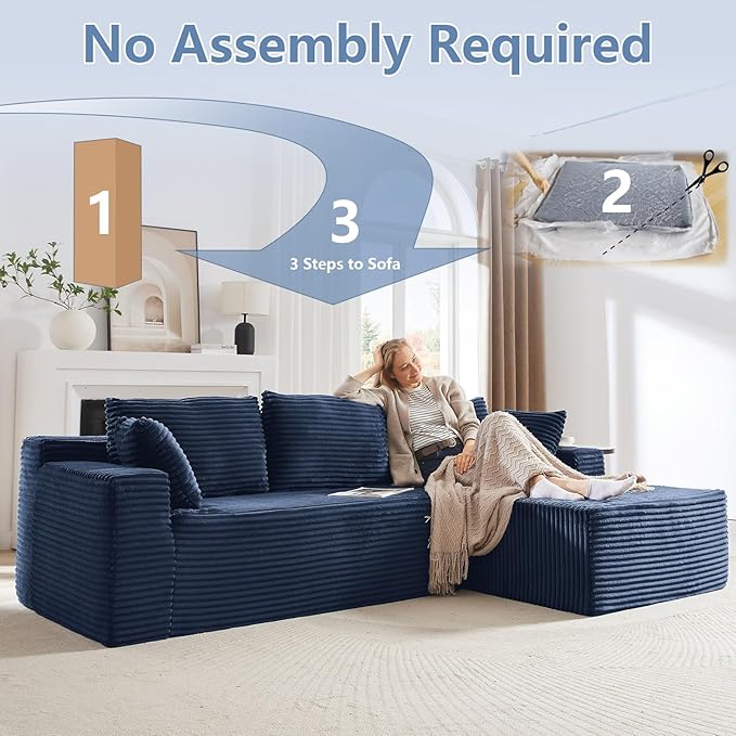 103 L-Shape Cloud Couch with Chaise Upholstered Corduroy Modular Sectional Sofa Deep Seat Couch with Free Combination for Living Room &amp ApartmentNo Assembly Required(BlueRight Facing Chaise)