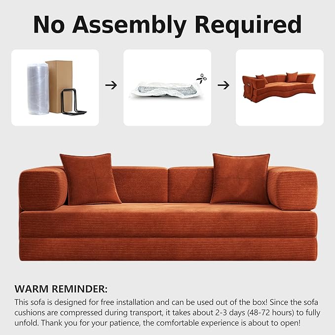 78.8'' Boneless Sleeper Sofa BedConvertible Futon Couch with Storage Pocket and 2 PillowsModular Corduroy Sofa for livingroomSmall speaceOrange