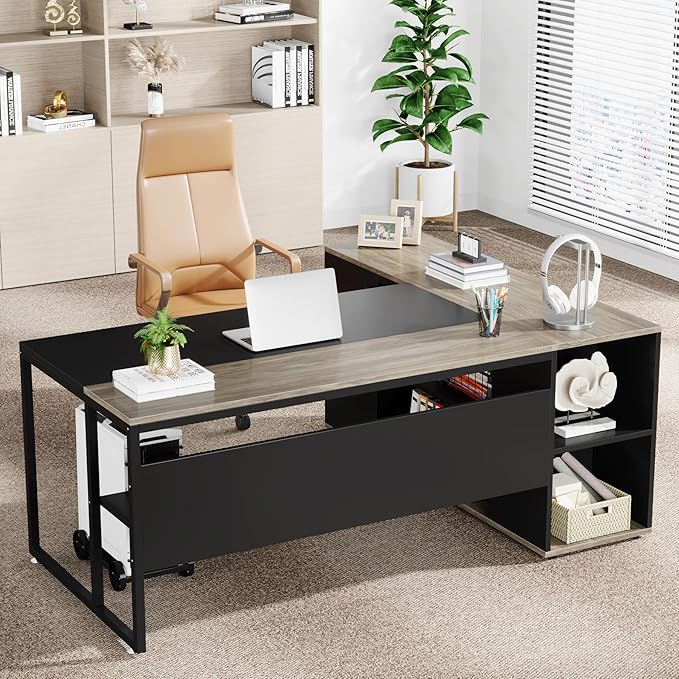 Tribesigns 71 inch Executive Desk L Shaped Desk with Cabinet Storage Executive Office Table with Shelves Business Furniture Set Workstation for Home Office Gray